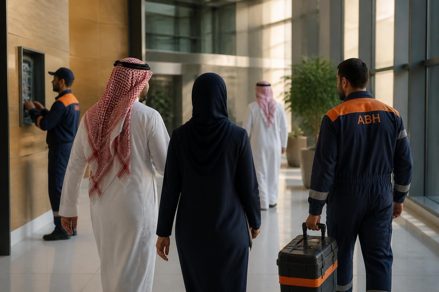 ABH technician walking a client through a facility in Saudi Arabia