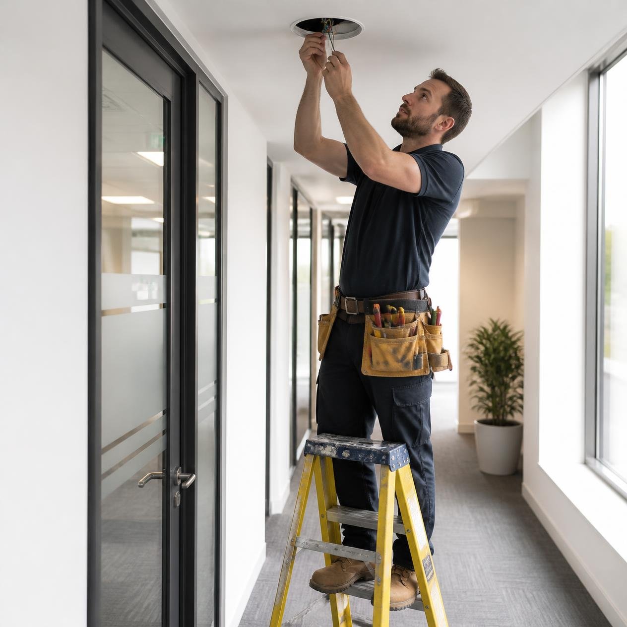 Electrician installing wiring and lighting