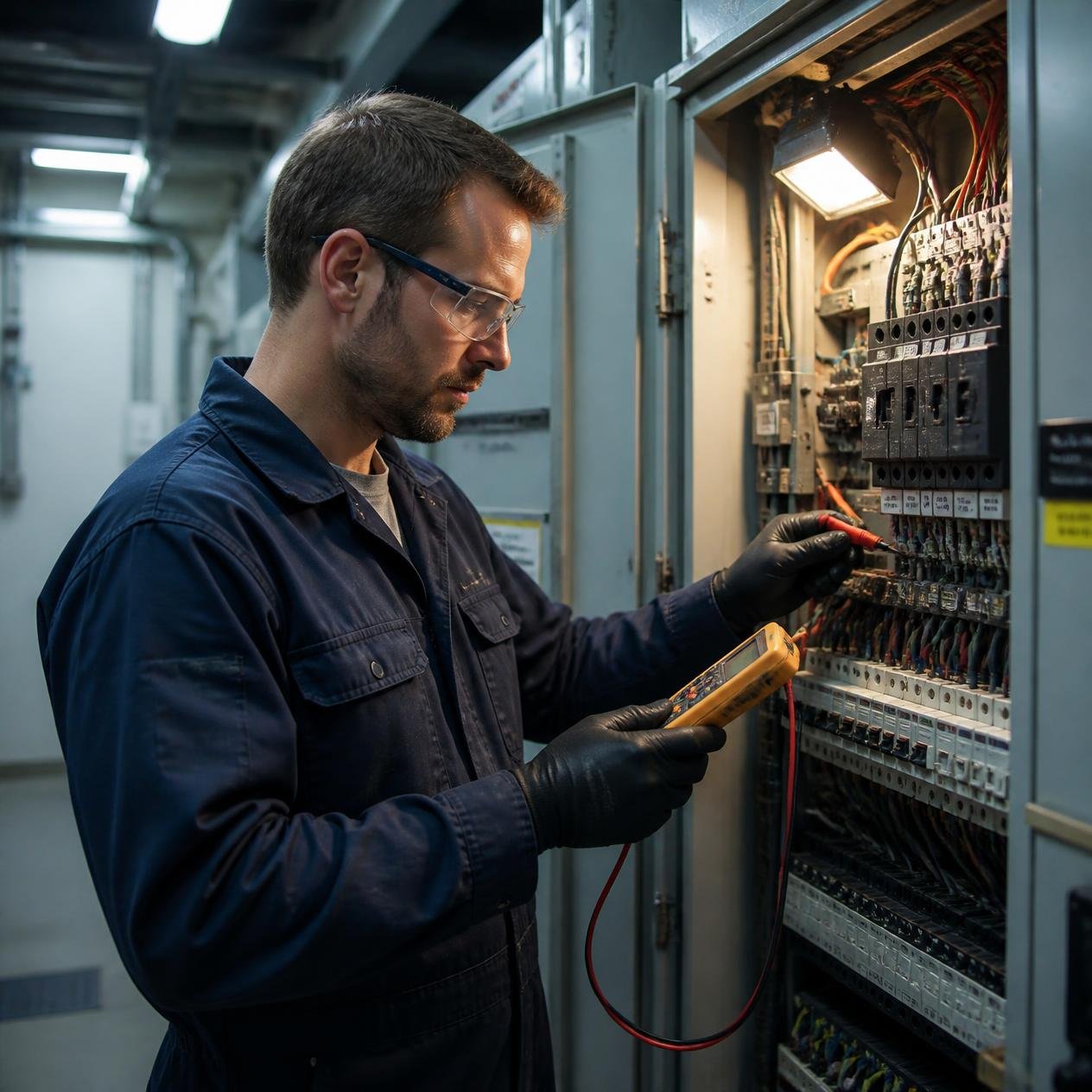 Electrician working on an electrical distribution panel