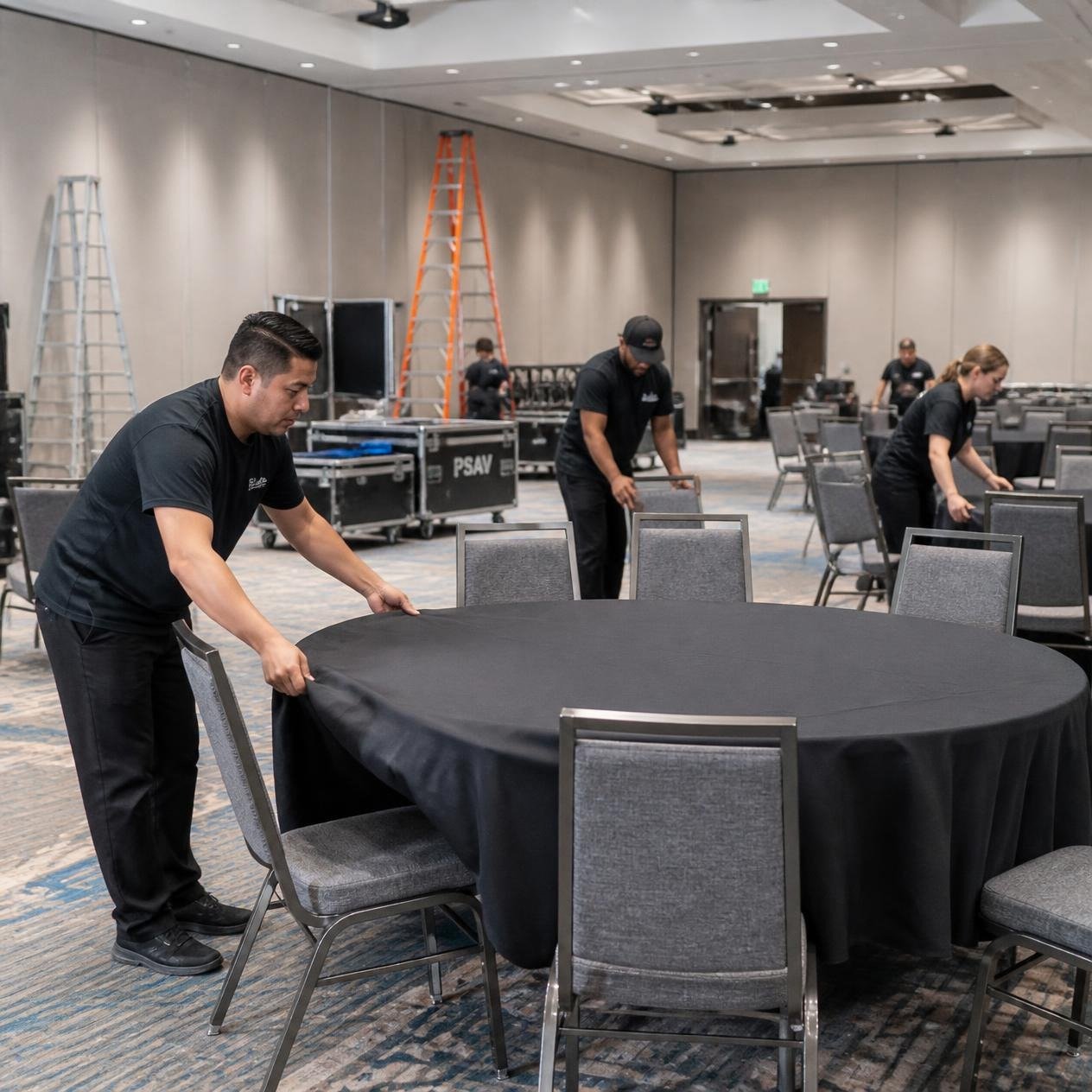 Event crew setting up a conference hall