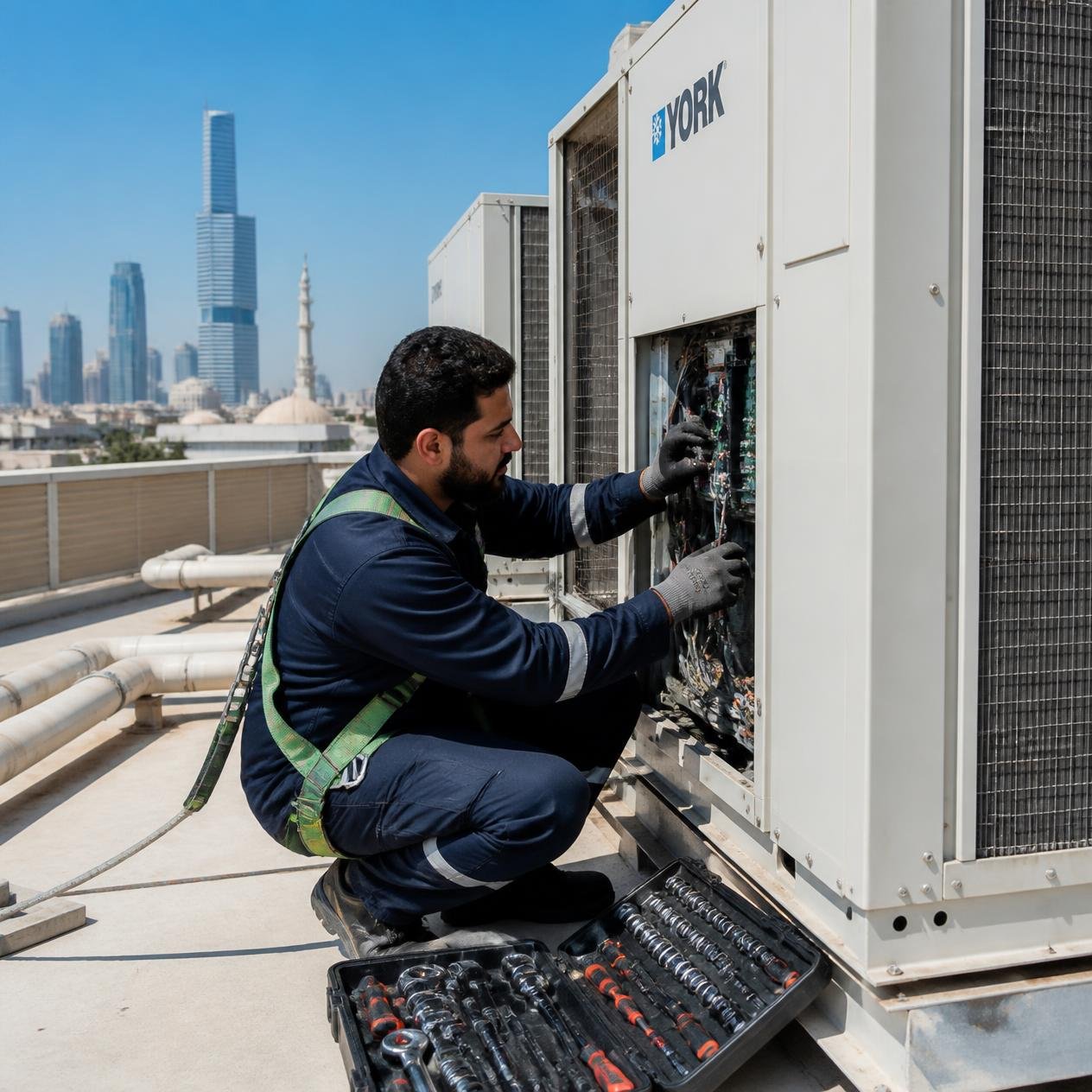 Technician servicing a rooftop AC/HVAC unit