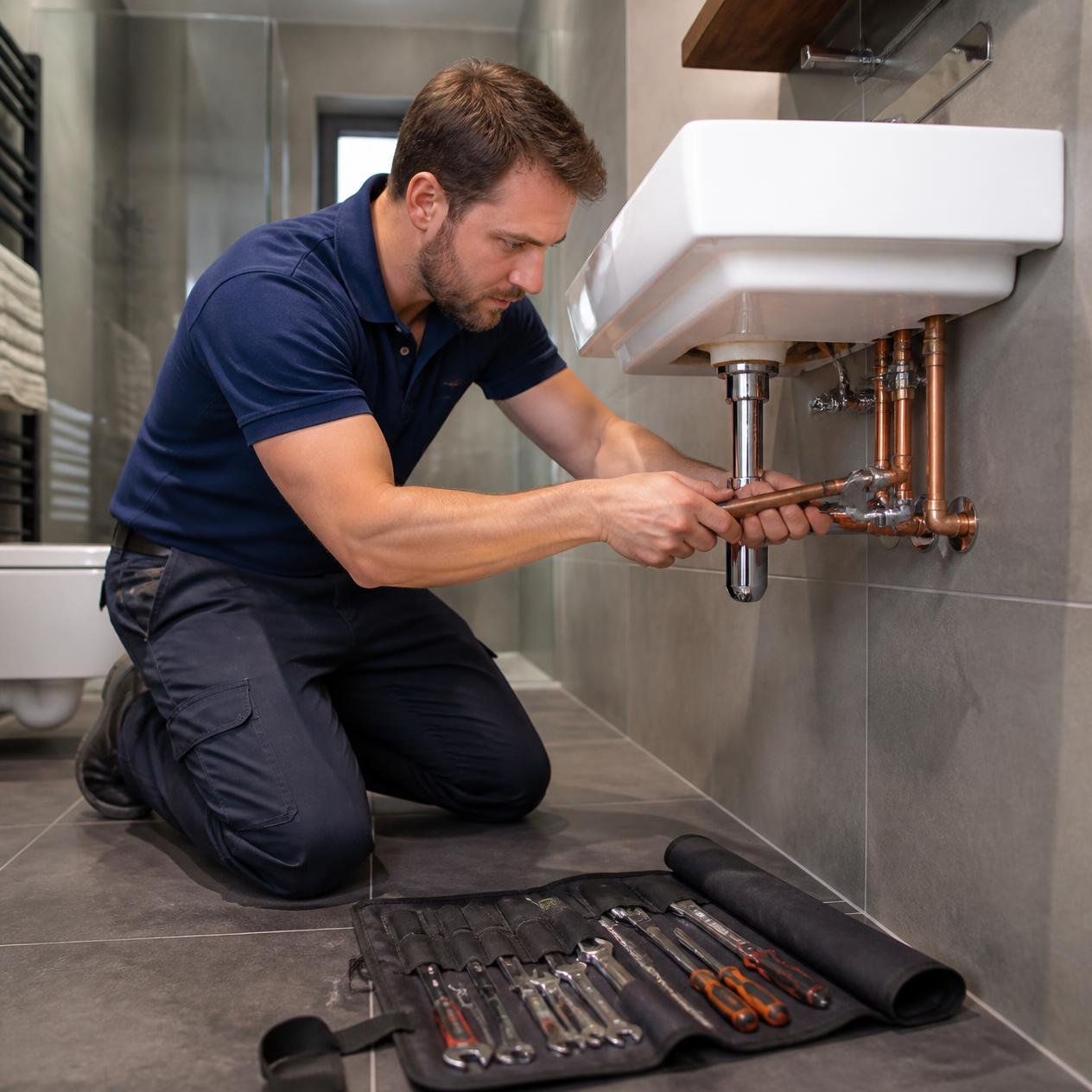 Plumber repairing pipework