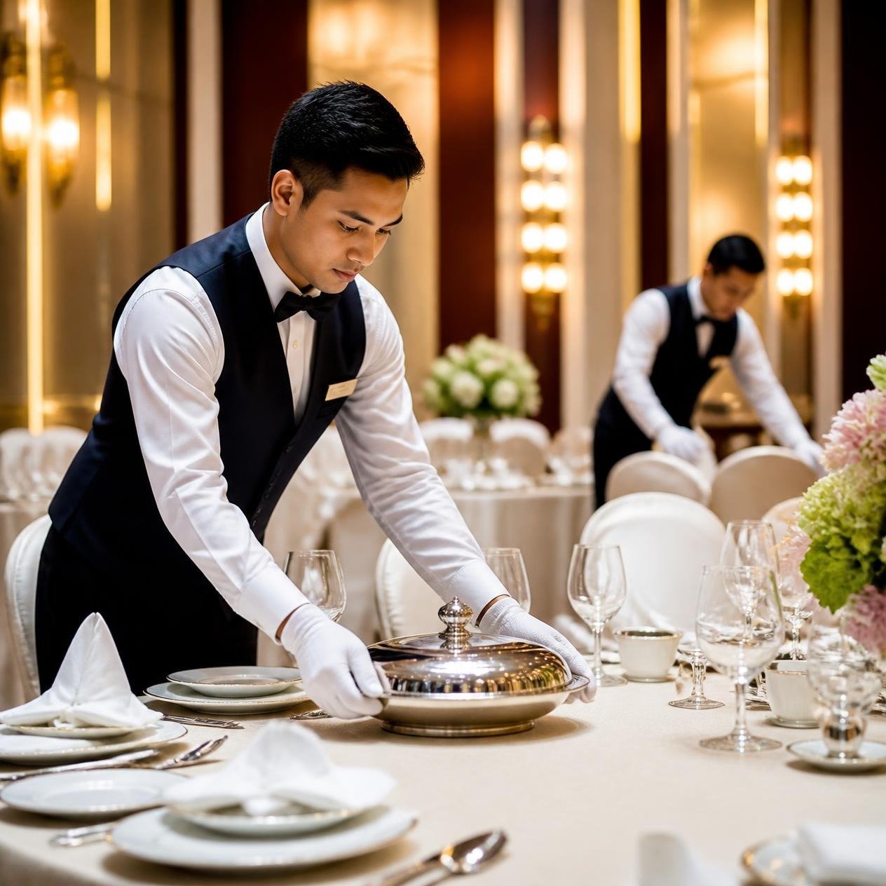Banquet helper assisting at a hotel function