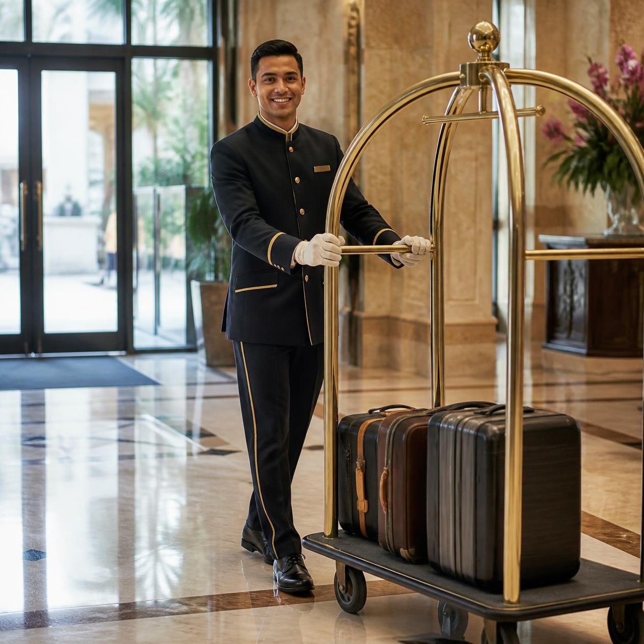 Hotel porter in uniform in a luxury hotel setting