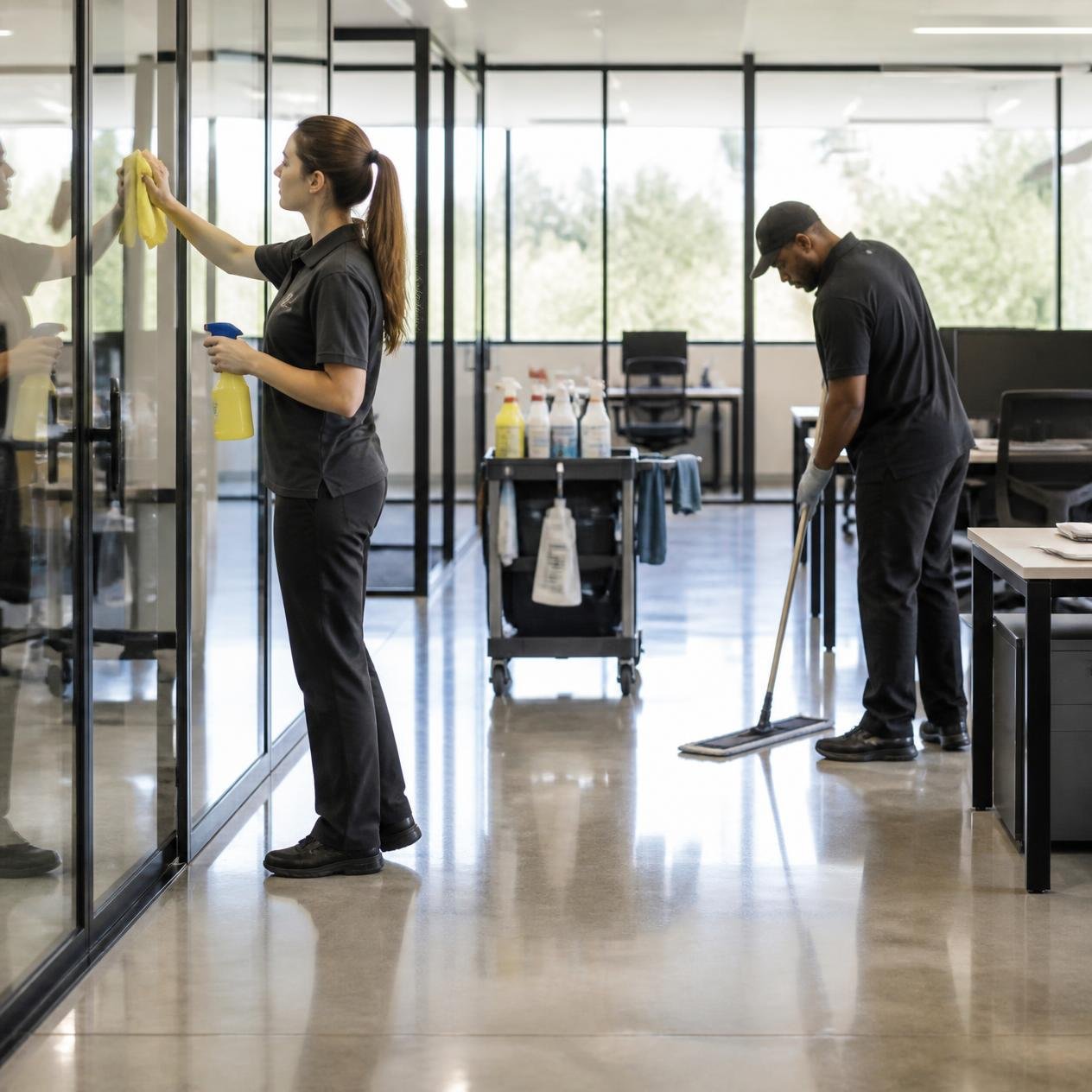 Professional cleaning team at work in a modern interior