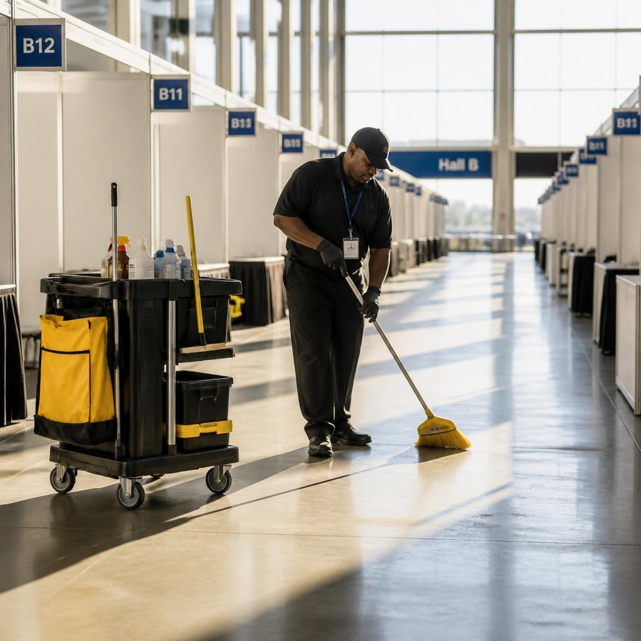 Cleaning crew tidying an event space