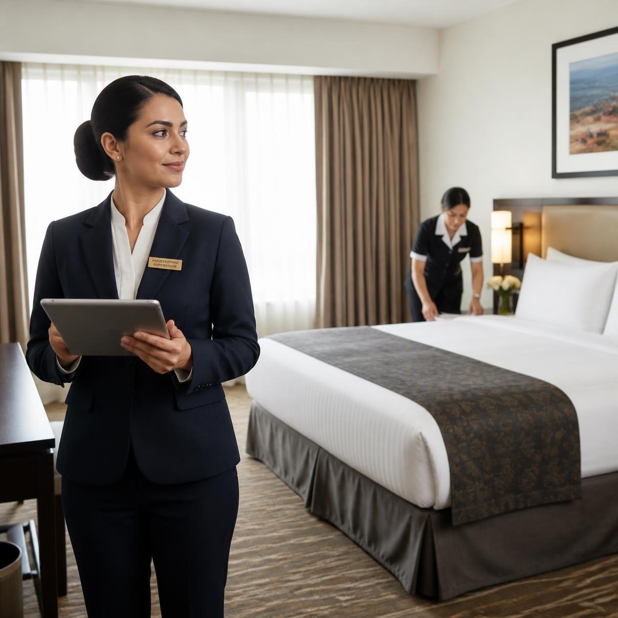 Housekeeping supervisor inspecting a finished hotel room
