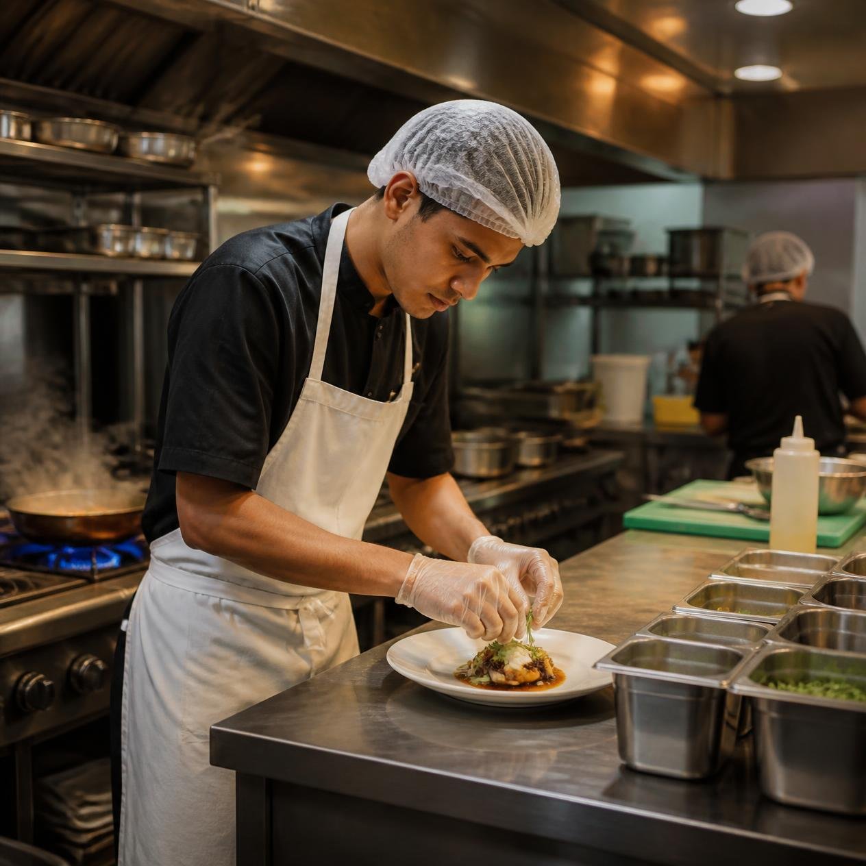 Kitchen staff preparing dishes in a modern commercial kitchen