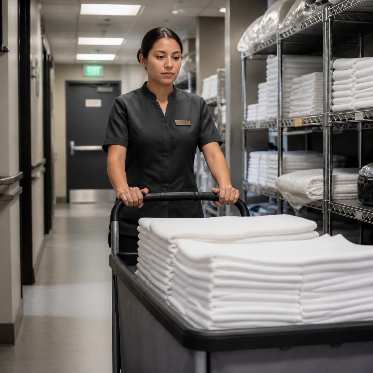 Housekeeping staff carrying fresh linens in a luxury hotel