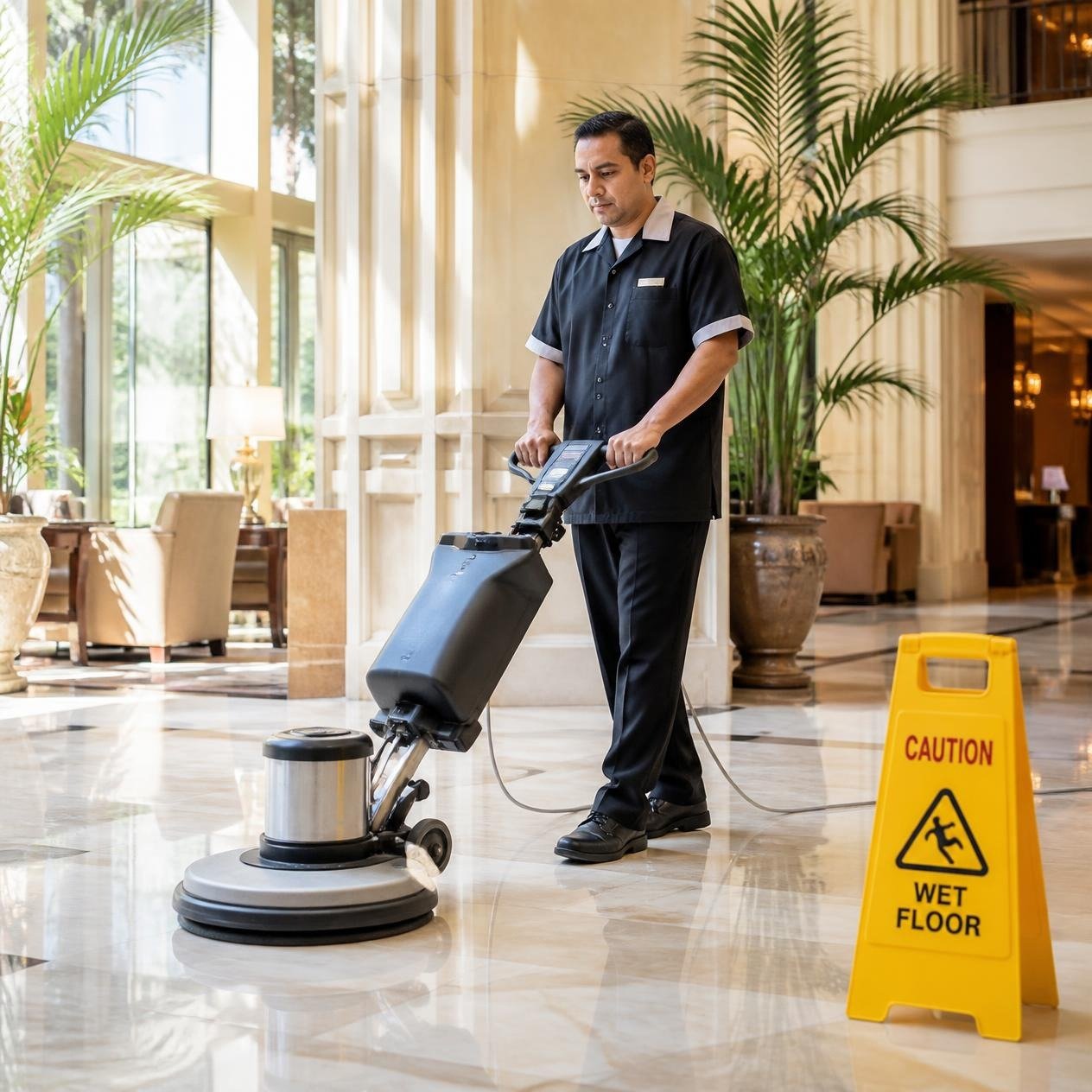 Public area cleaner maintaining a lobby