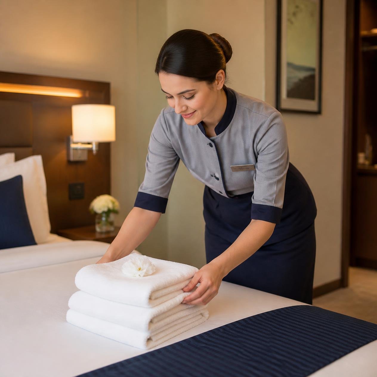 Room attendant arranging fresh towels in a hotel room