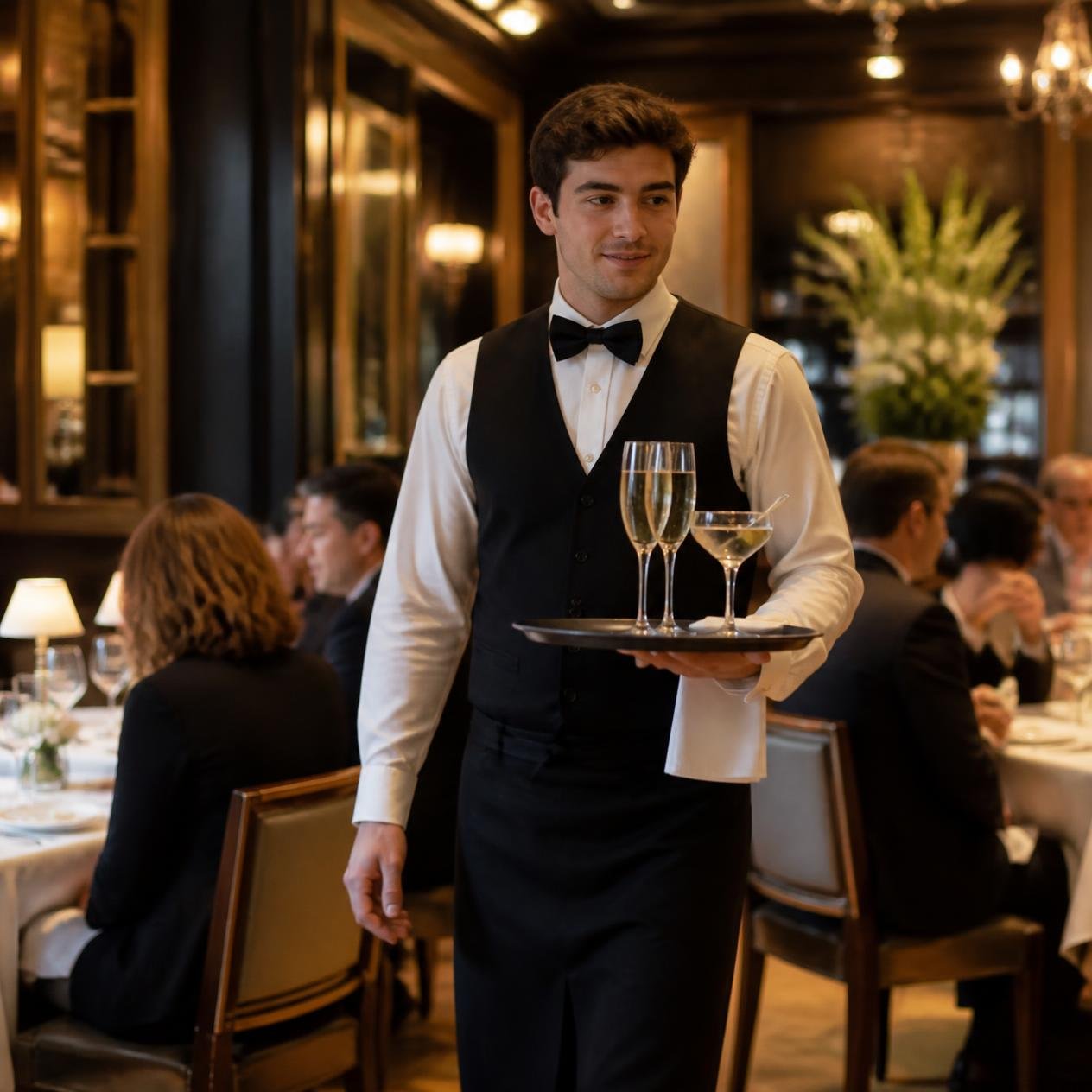 Waiter serving guests in an elegant restaurant setting